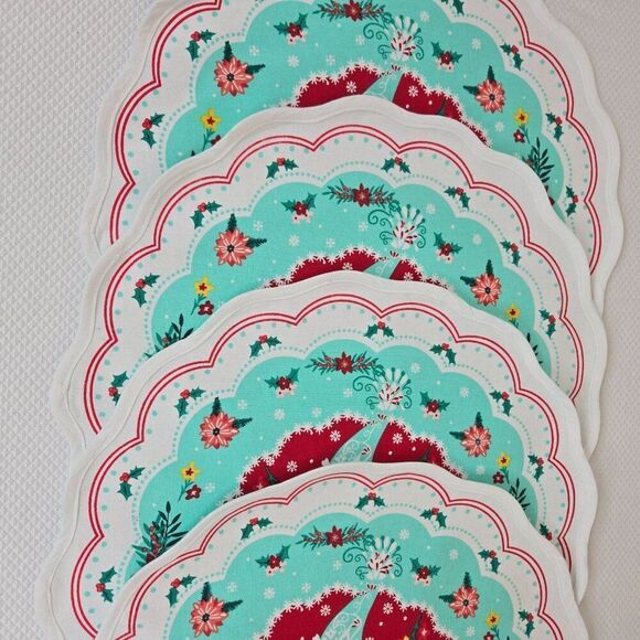 Pioneer Woman Mazie Bird Fabric Placemats Red Teal Set of 4 Reversible 16" Round - Picture 2 of 3